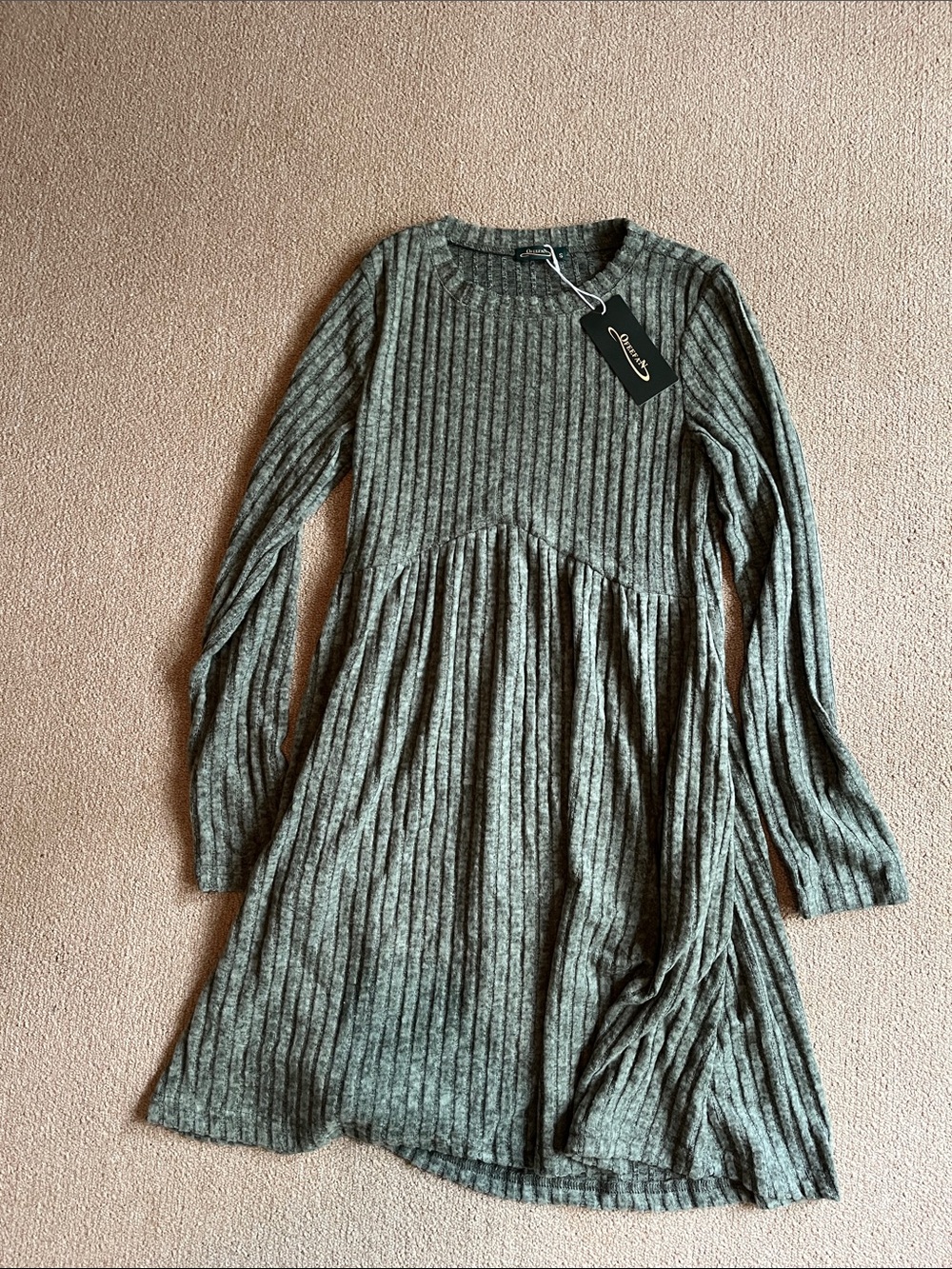 Ribbed Long Sleeve Sweater Dress - Olive Green